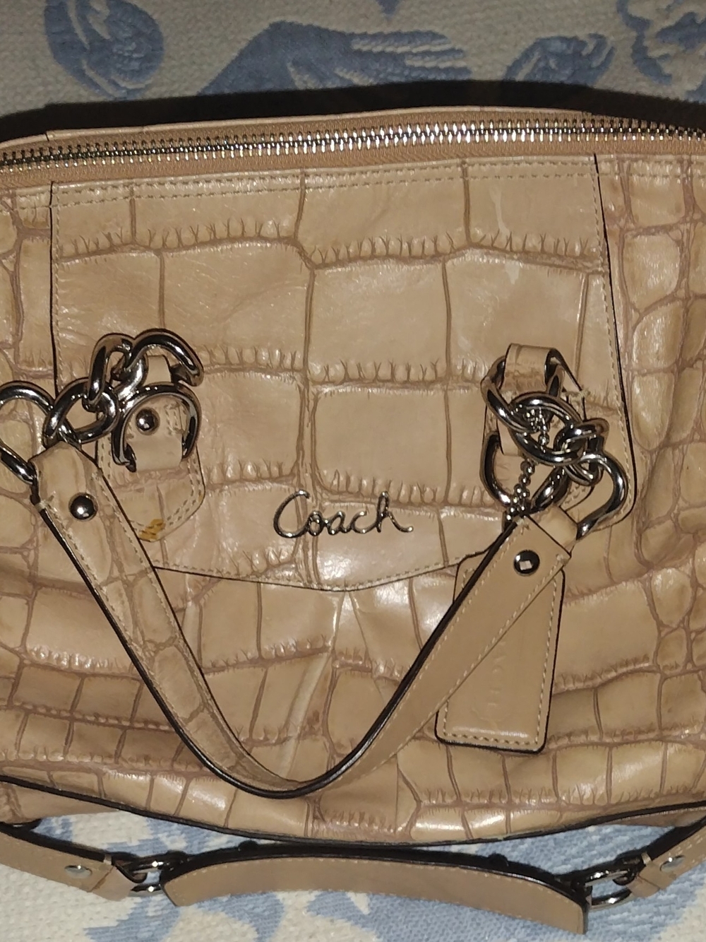 Coach Beige Croc-Embossed Leather Tote